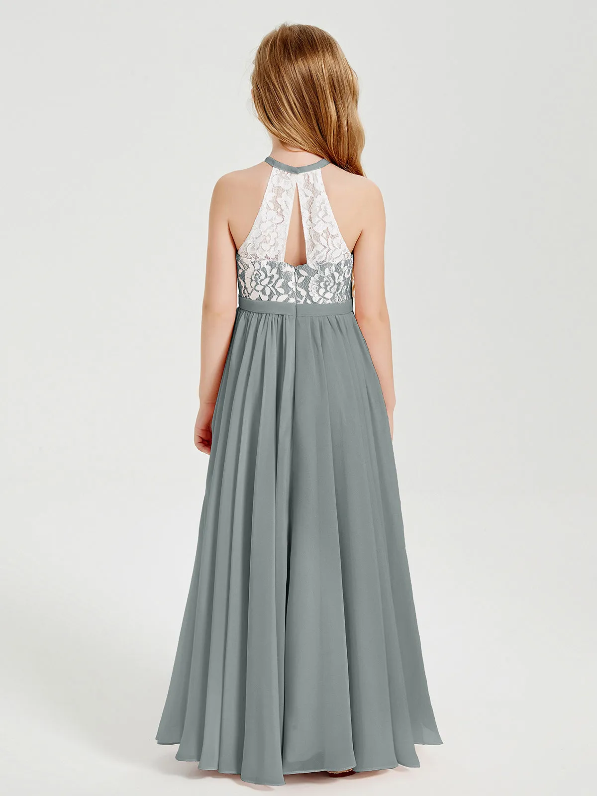 Long Chiffon Bridesmaid Dresses Lace Top Steel Grey