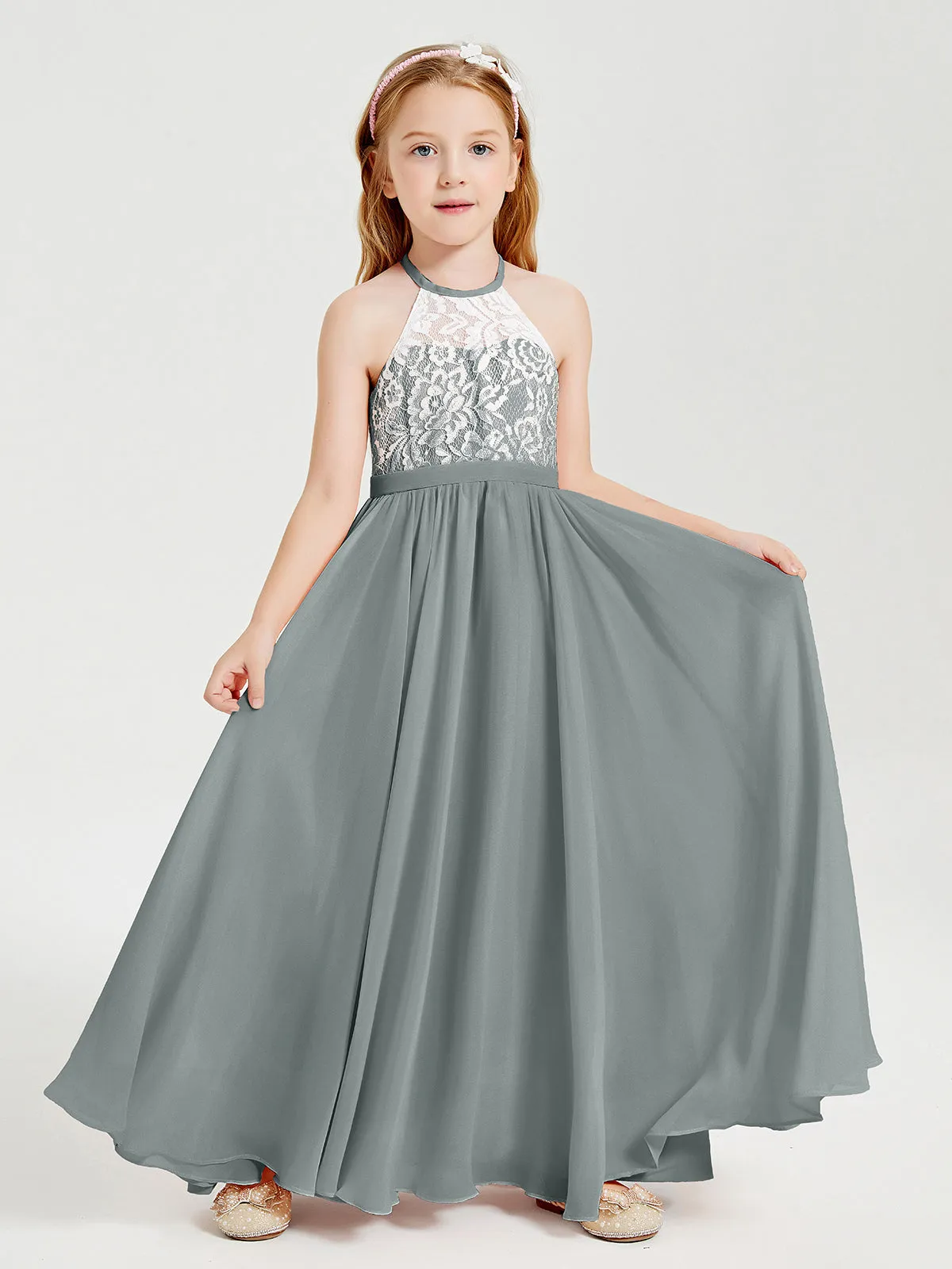 Long Chiffon Bridesmaid Dresses Lace Top Steel Grey