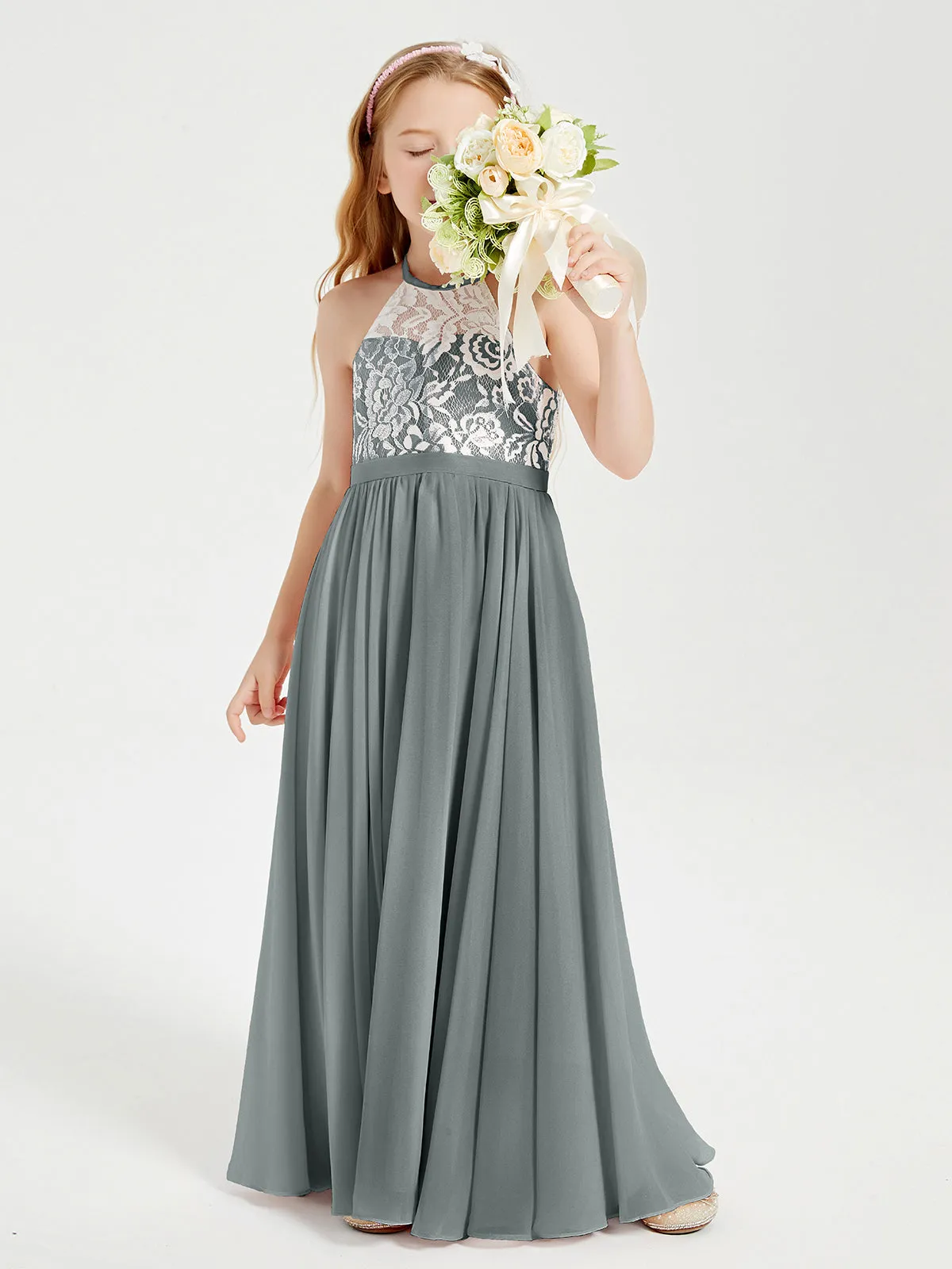 Long Chiffon Bridesmaid Dresses Lace Top Steel Grey