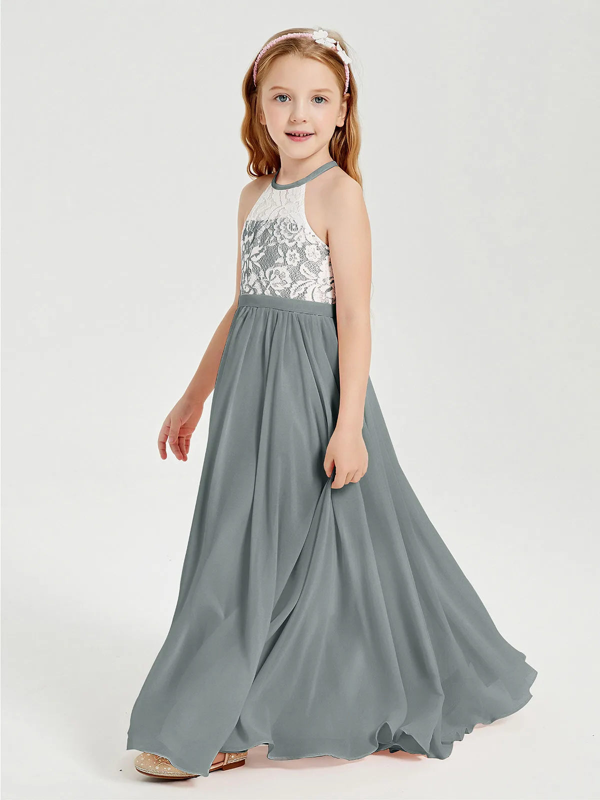 Long Chiffon Bridesmaid Dresses Lace Top Steel Grey