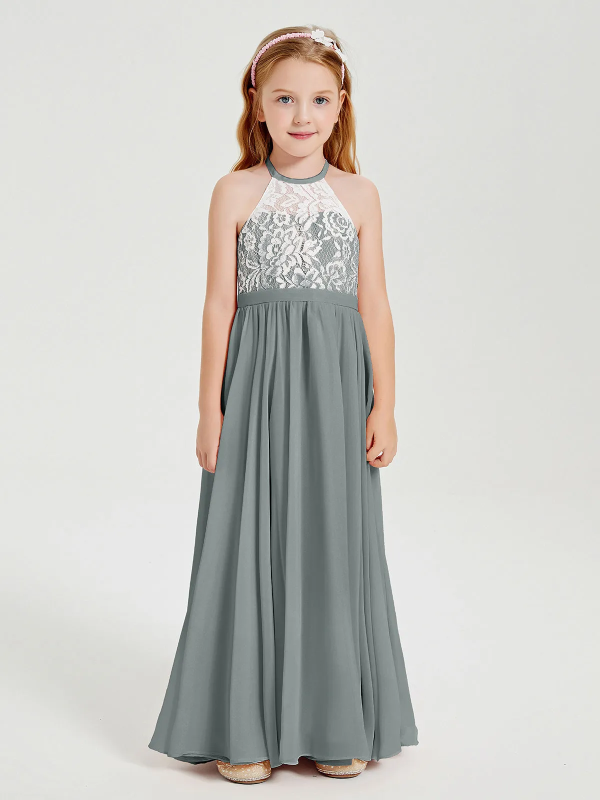 Long Chiffon Bridesmaid Dresses Lace Top Steel Grey