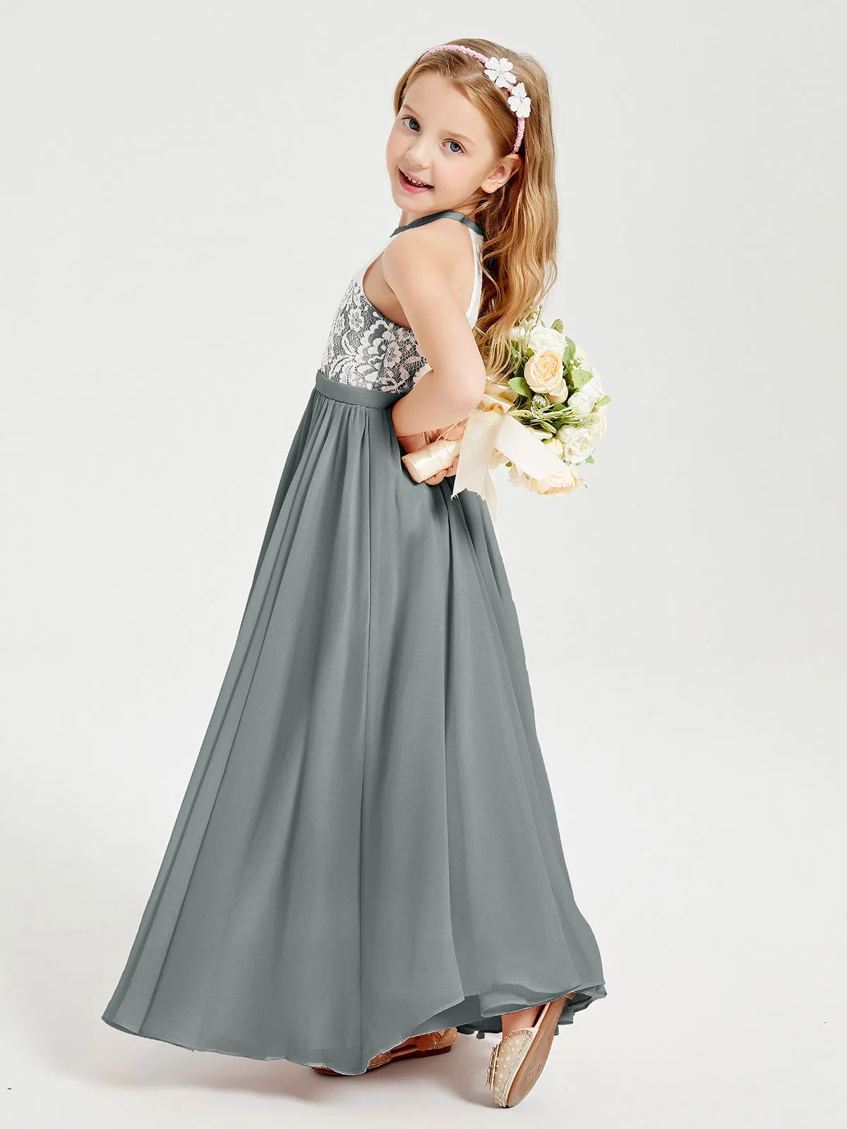 Long Chiffon Bridesmaid Dresses Lace Top Steel Grey