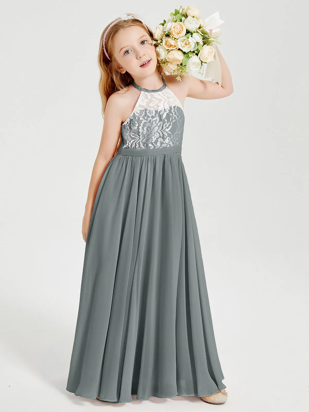 Long Chiffon Bridesmaid Dresses Lace Top Steel Grey