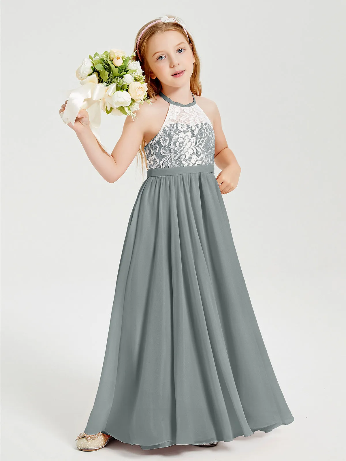 Long Chiffon Bridesmaid Dresses Lace Top Steel Grey