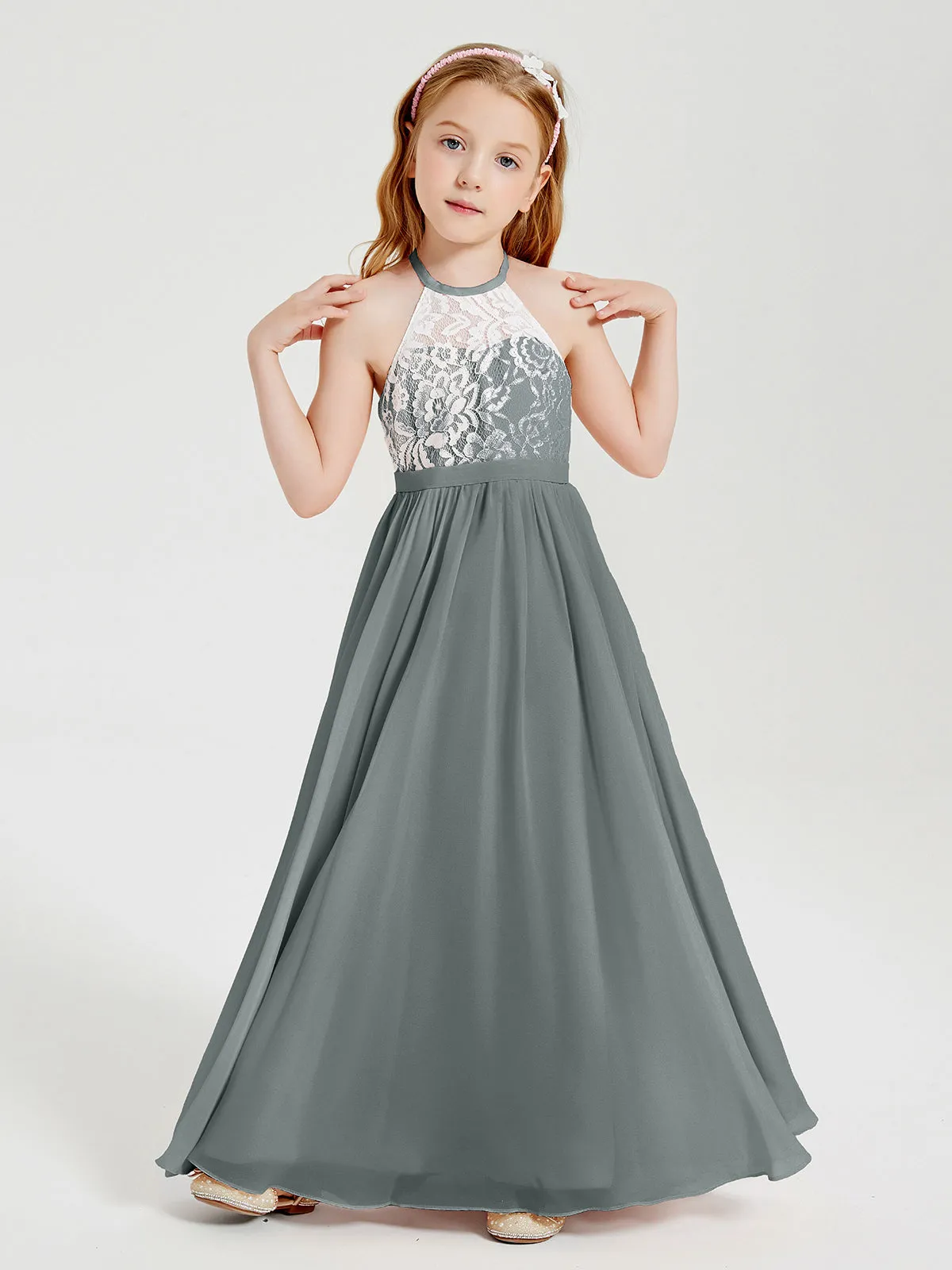 Long Chiffon Bridesmaid Dresses Lace Top Steel Grey