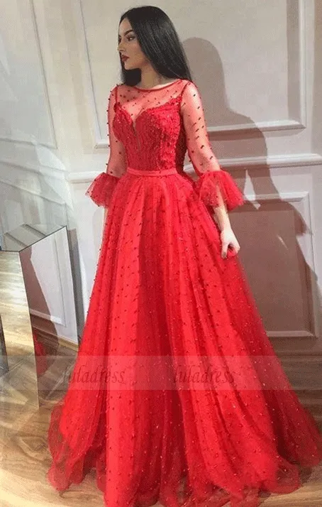 Long Sleeves Round Neck Beaded Floor Length Prom Dresses