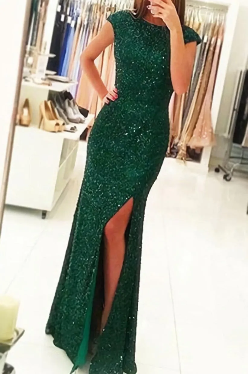 Luxurious Cap Sleeves Dark Green Split Front Long Mermaid Prom Dresses