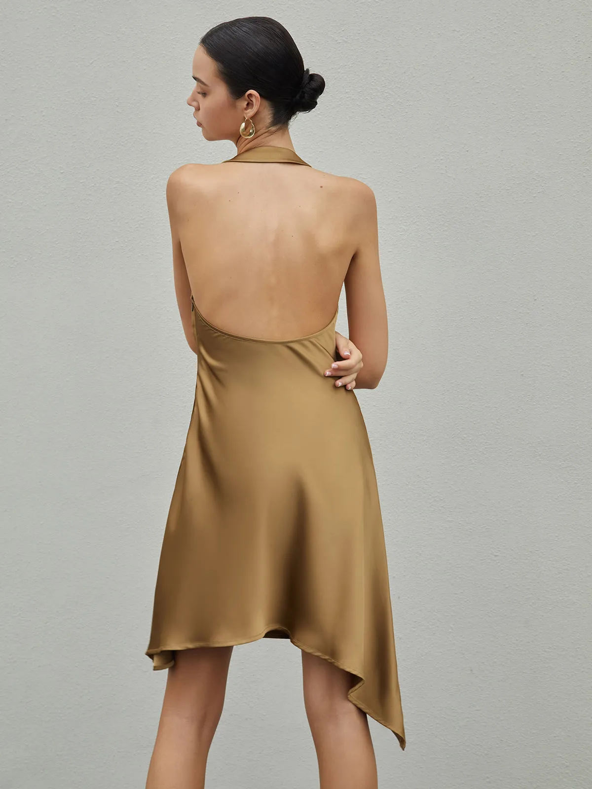 Luxurious Satin Cowl-Neck Trendy Backless Short Dress