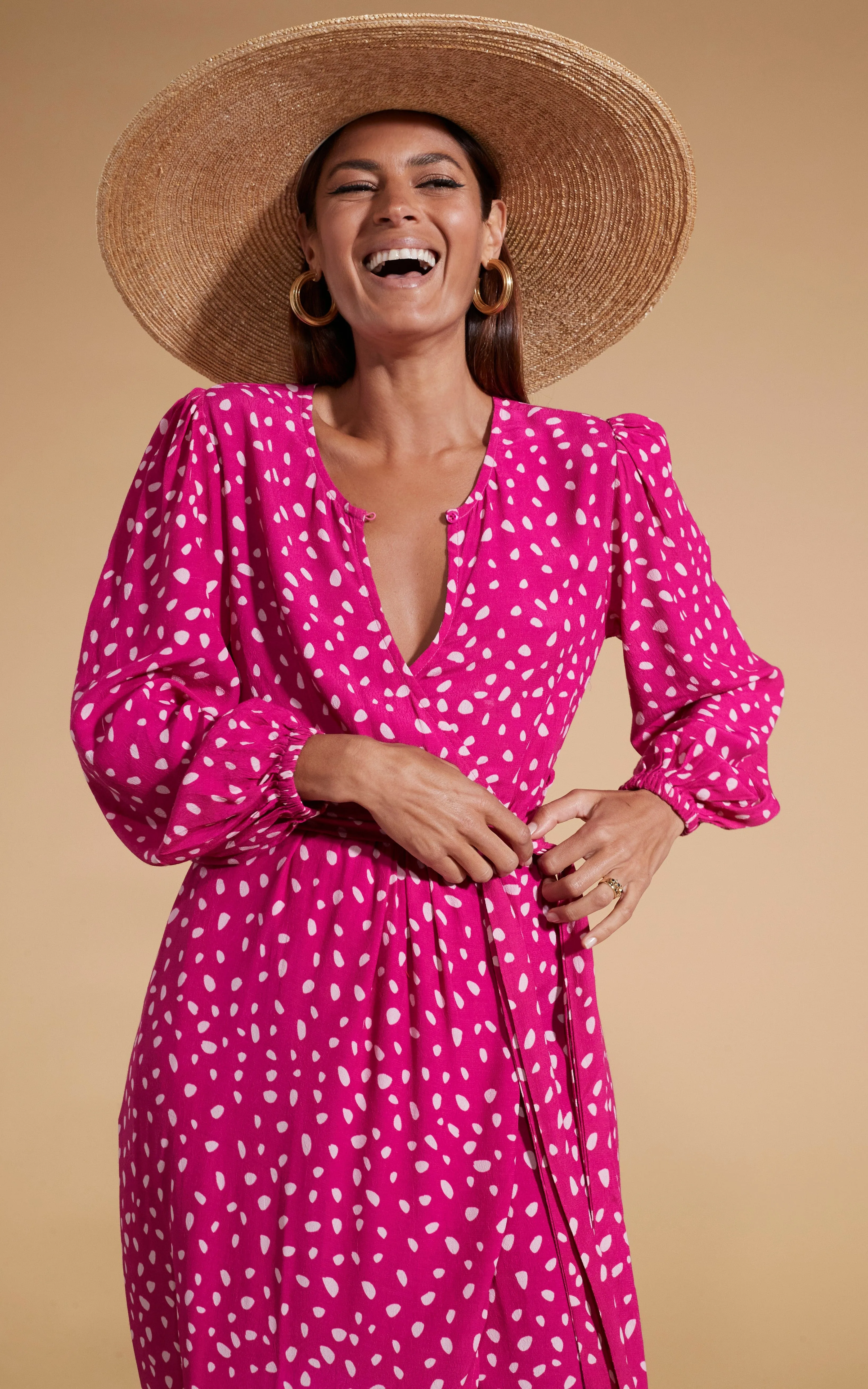 Mabel Midaxi Mock Wrap Dress in Odd Dot Pink on Magenta