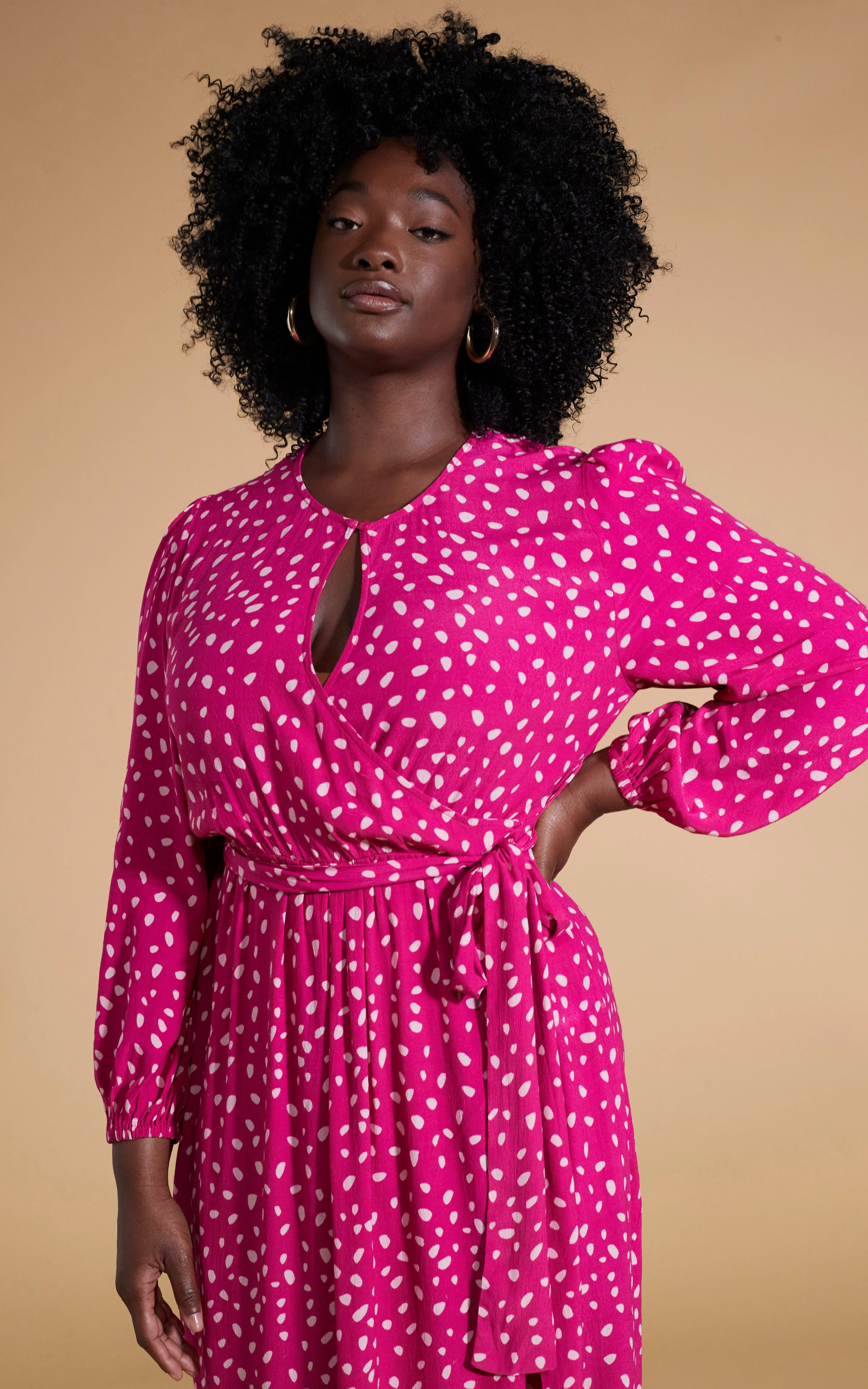 Mabel Midaxi Mock Wrap Dress in Odd Dot Pink on Magenta