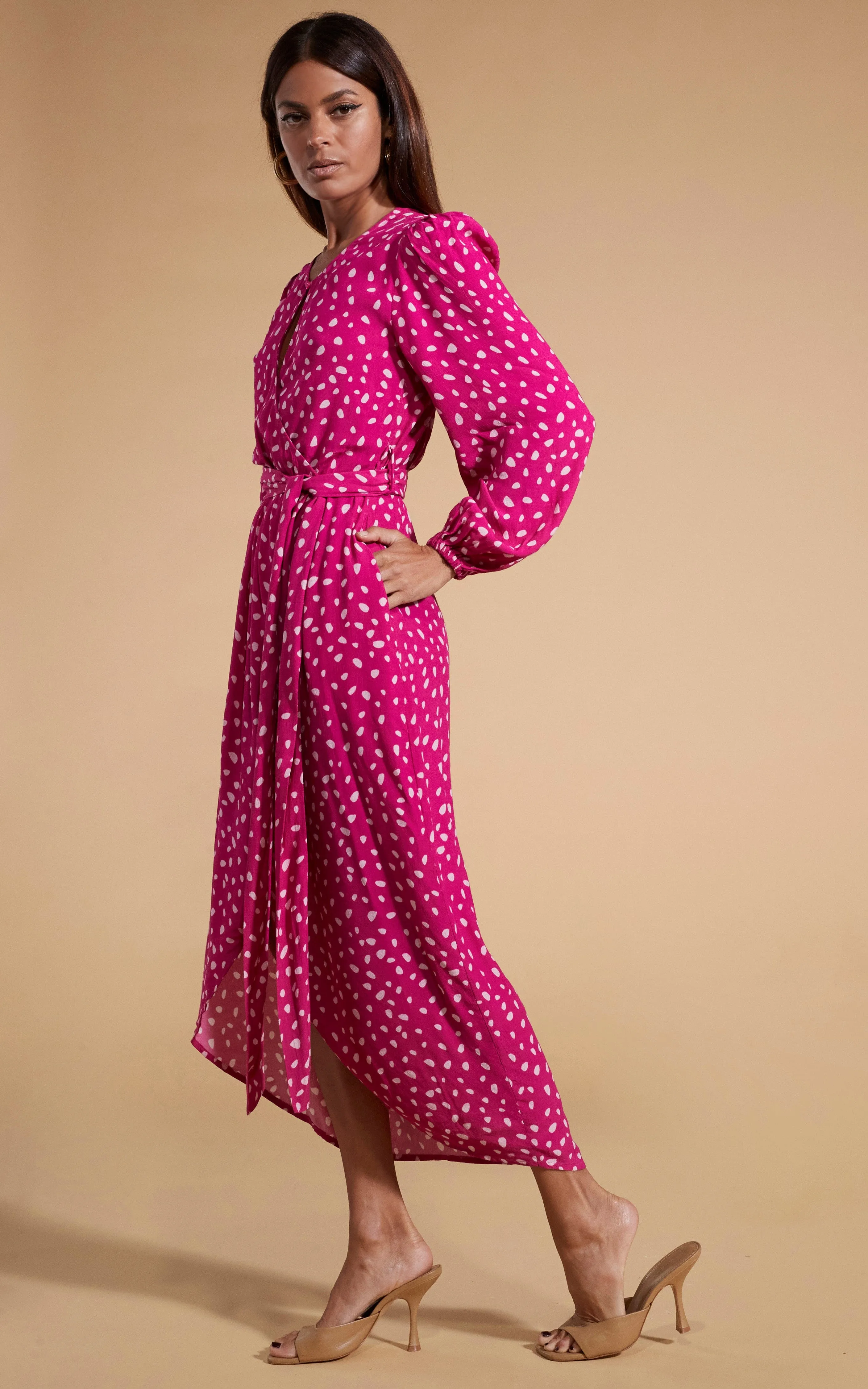 Mabel Midaxi Mock Wrap Dress in Odd Dot Pink on Magenta