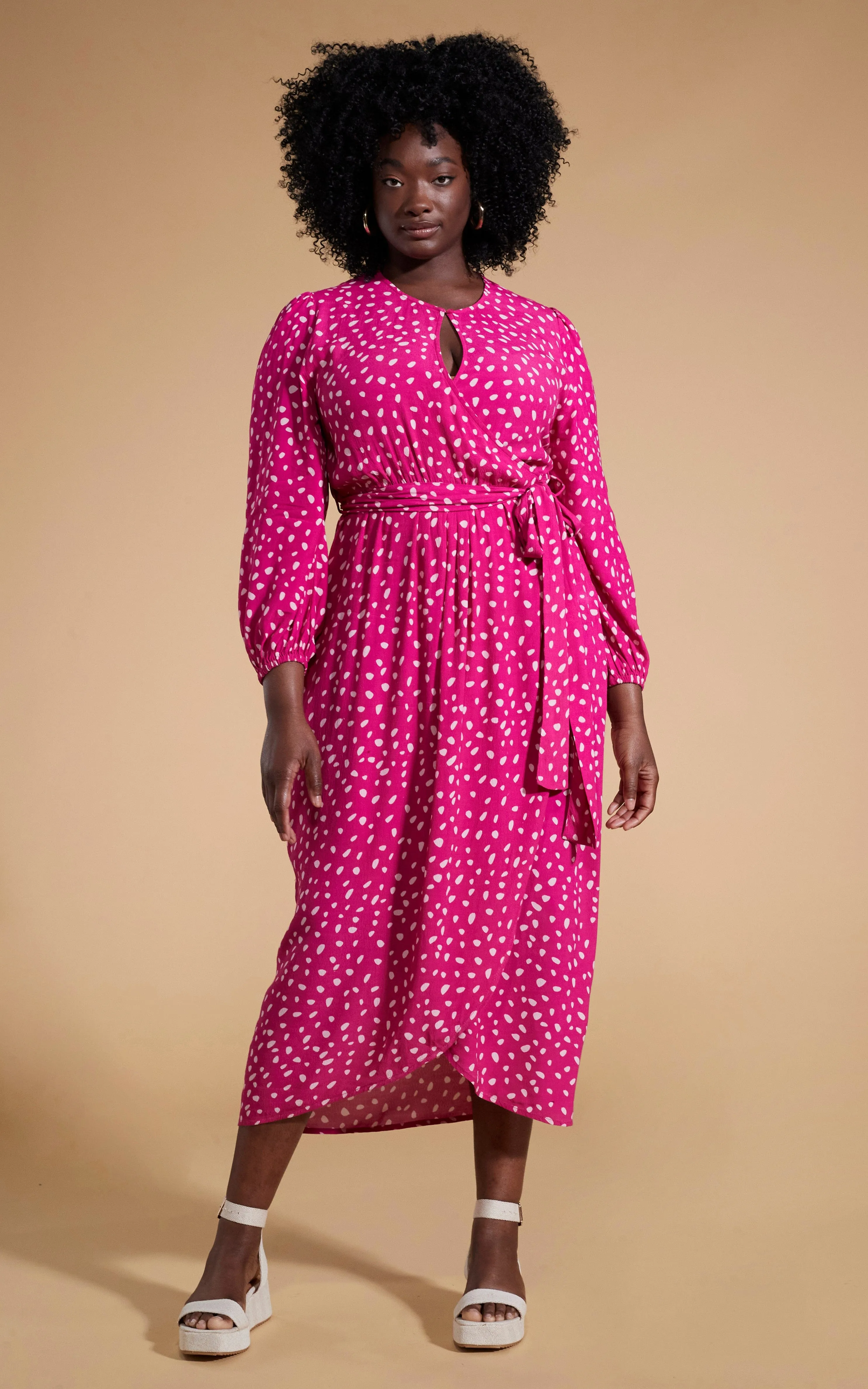 Mabel Midaxi Mock Wrap Dress in Odd Dot Pink on Magenta