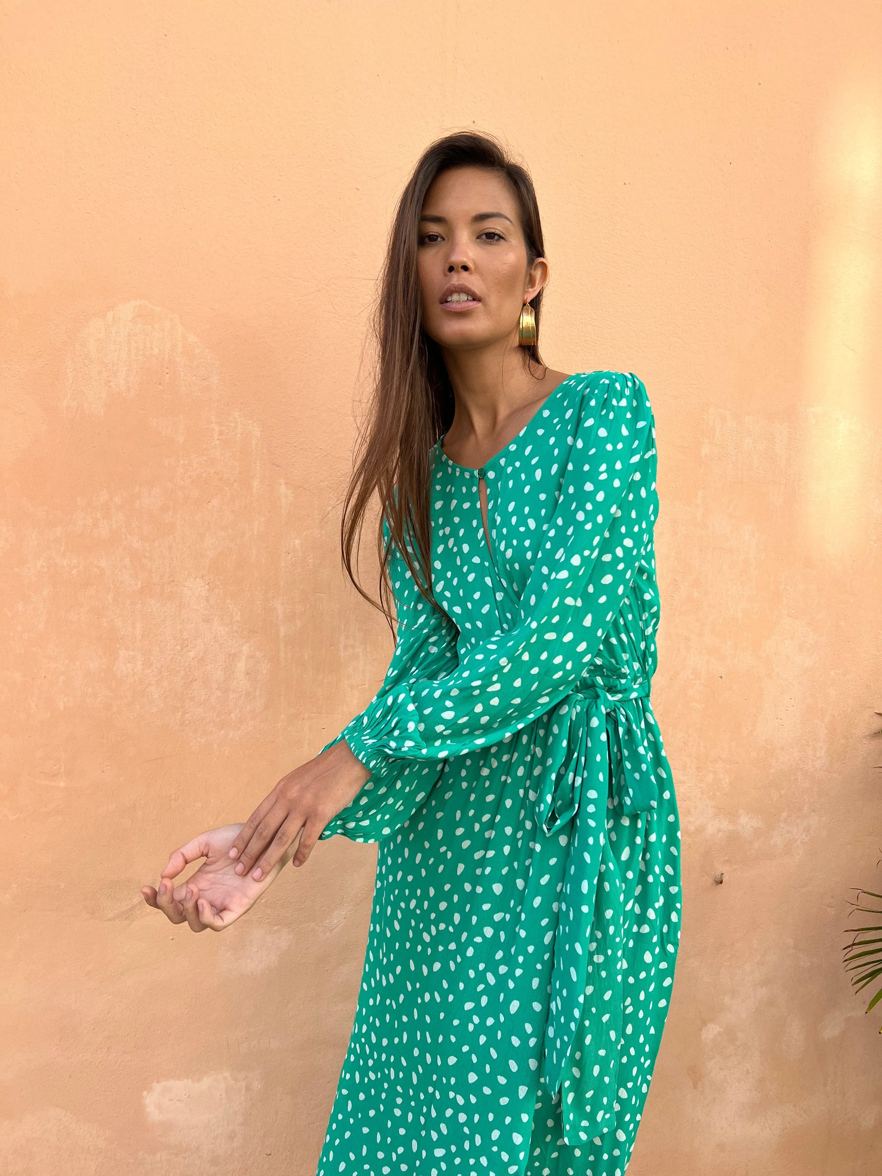 Mabel Midaxi Mock Wrap Dress in Odd Dot White on Sea Green