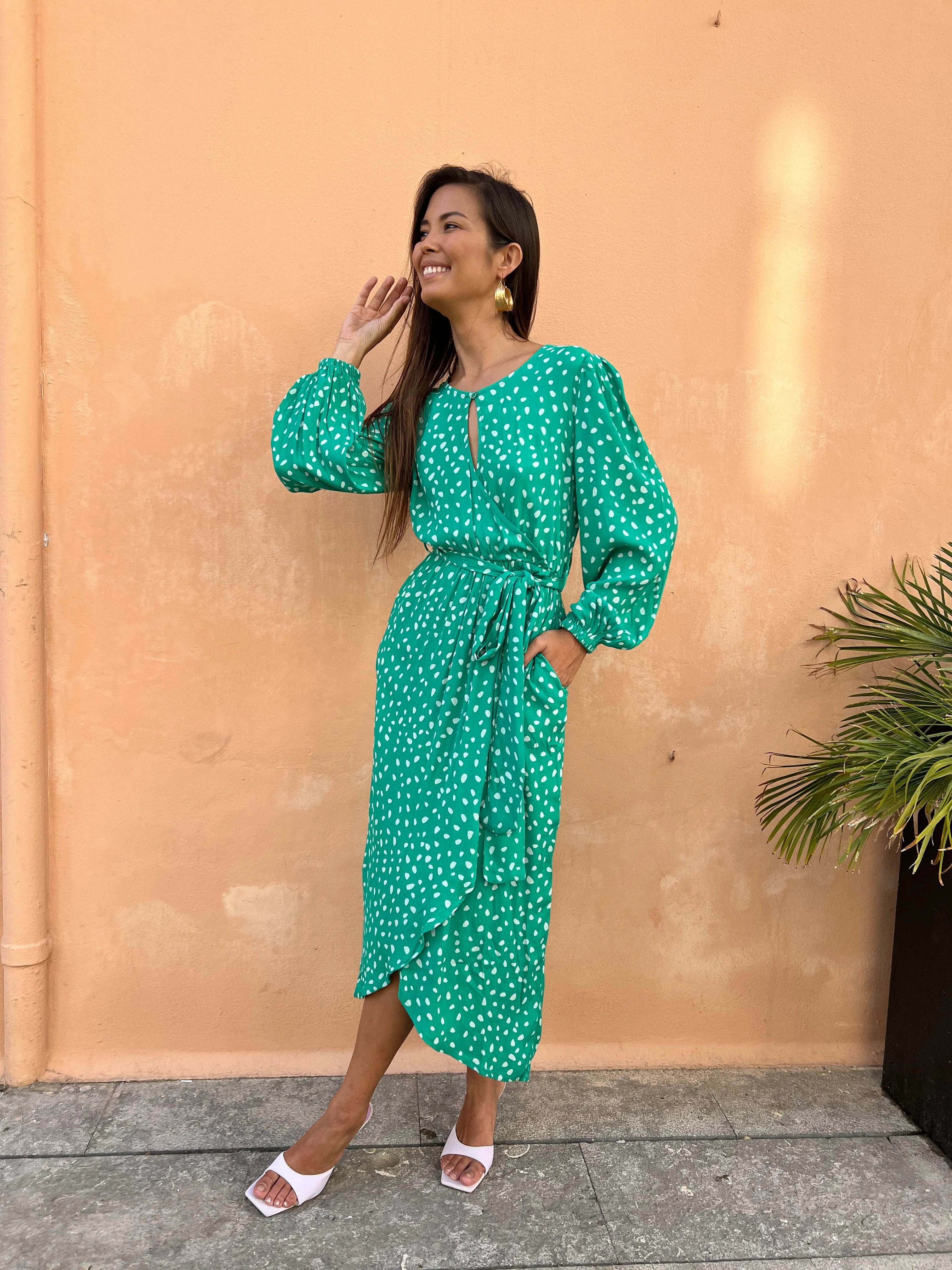 Mabel Midaxi Mock Wrap Dress in Odd Dot White on Sea Green