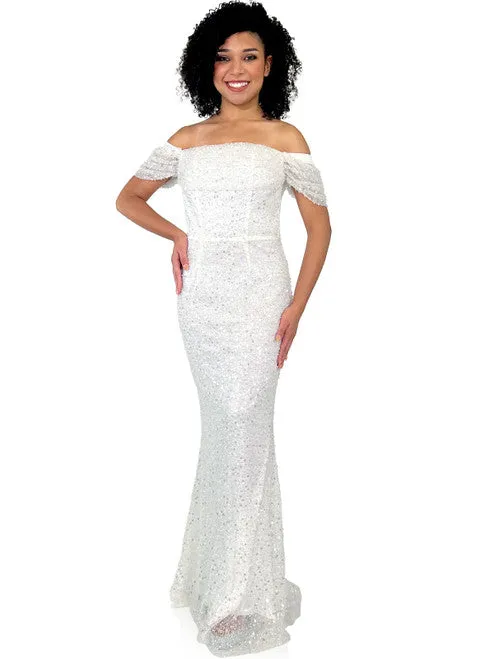 Marc Defang 8228 Size 12 White Long Fitted off the shoulder Dress Overskirt train Prom Pageant Wedding