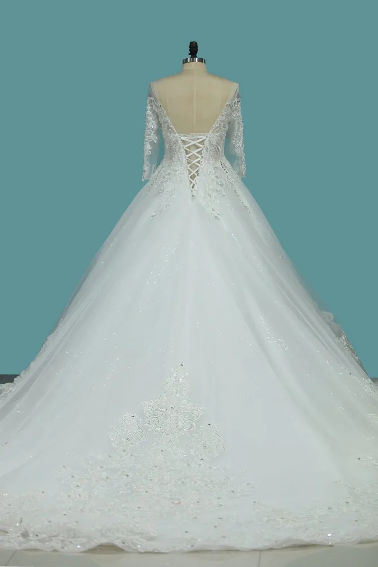 Marvelous Wedding Dresses Scoop Lace Up With Rhinestones Royal Train