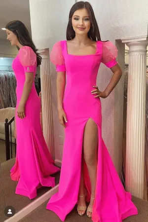 Mermaid Square Neck Puff Sleeve Hot Pink Long Dresses