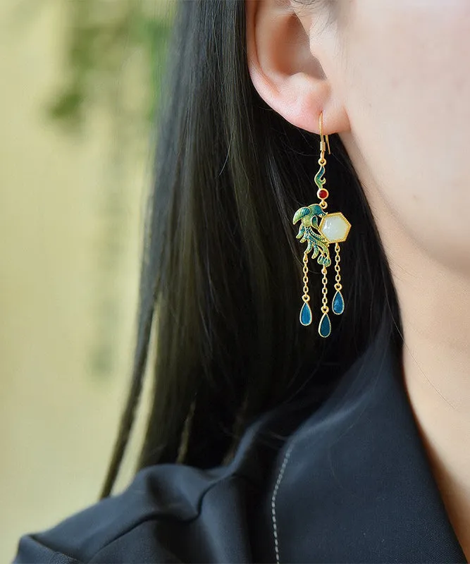 Modern Green Silver Gem Stone Phoenix Tassel Drop Earrings