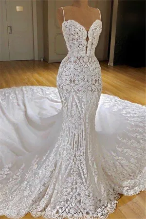 Modern Lace Mermaid Wedding Dresses Spaghetti Straps Appliques Bridal Gowns