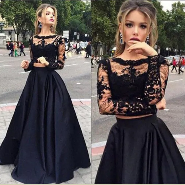 Modern Scoop Long Sleeves Lace Black Two-pieces Prom Dresses, Formal Dresses