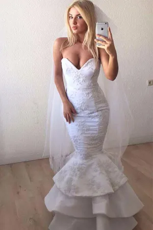 Modern V Neck White Lace Appliques Mermaid Ruffled Long Wedding Dress