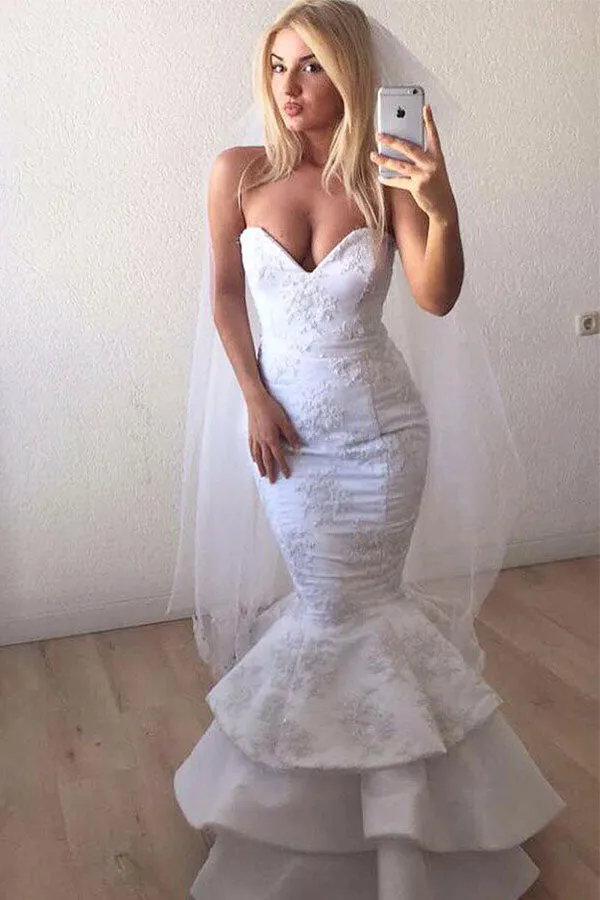 Modern V Neck White Lace Appliques Mermaid Ruffled Long Wedding Dress