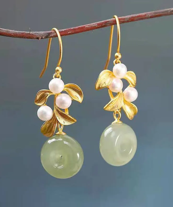 Modern White Sterling Silver Overgild Inlaid Pearl Jade Drop Earrings LY7813