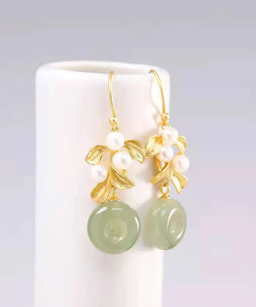 Modern White Sterling Silver Overgild Inlaid Pearl Jade Drop Earrings LY7813