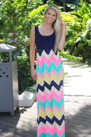 Navy and Neon Pink Chevron Maxi Dress