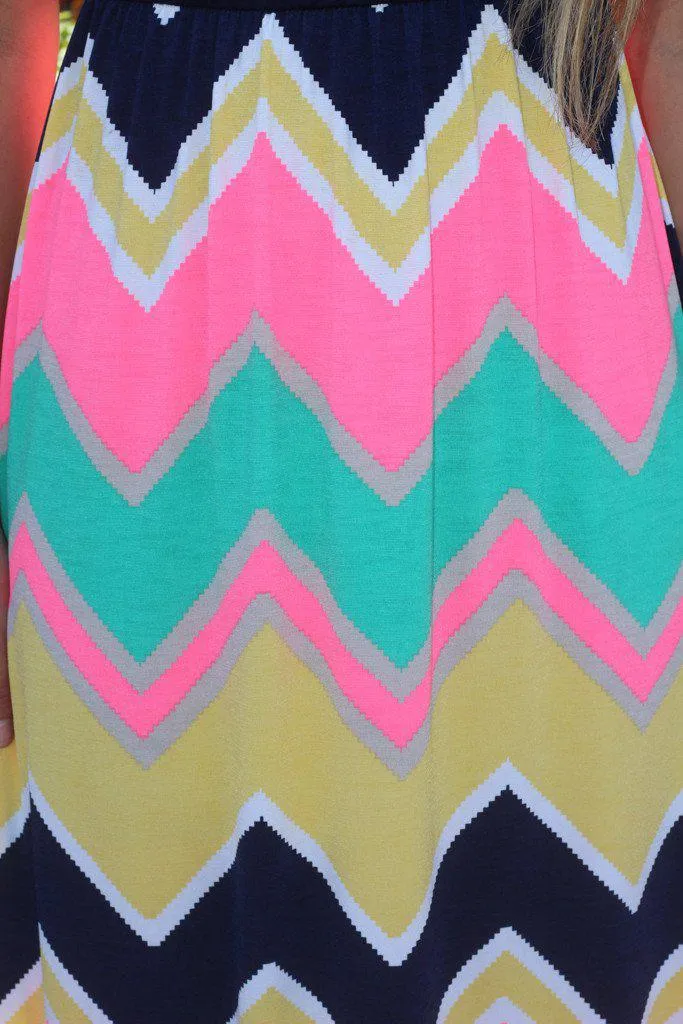 Navy and Neon Pink Chevron Maxi Dress