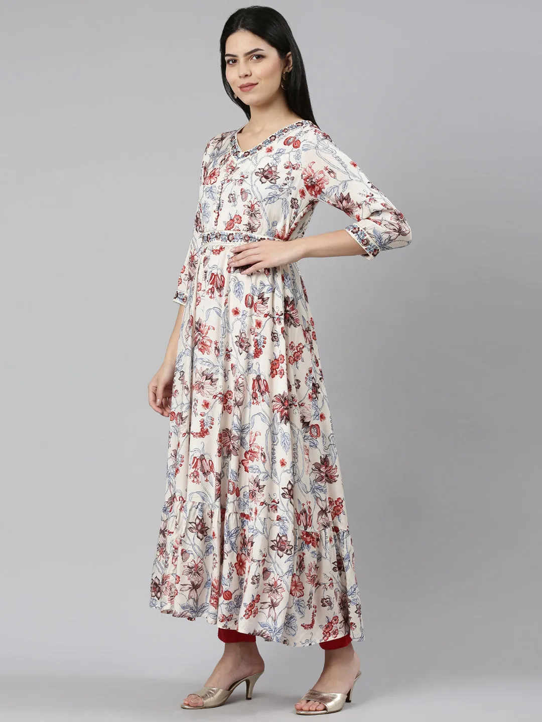 Neeru's White Straight Casual Printed Maxi Dresses