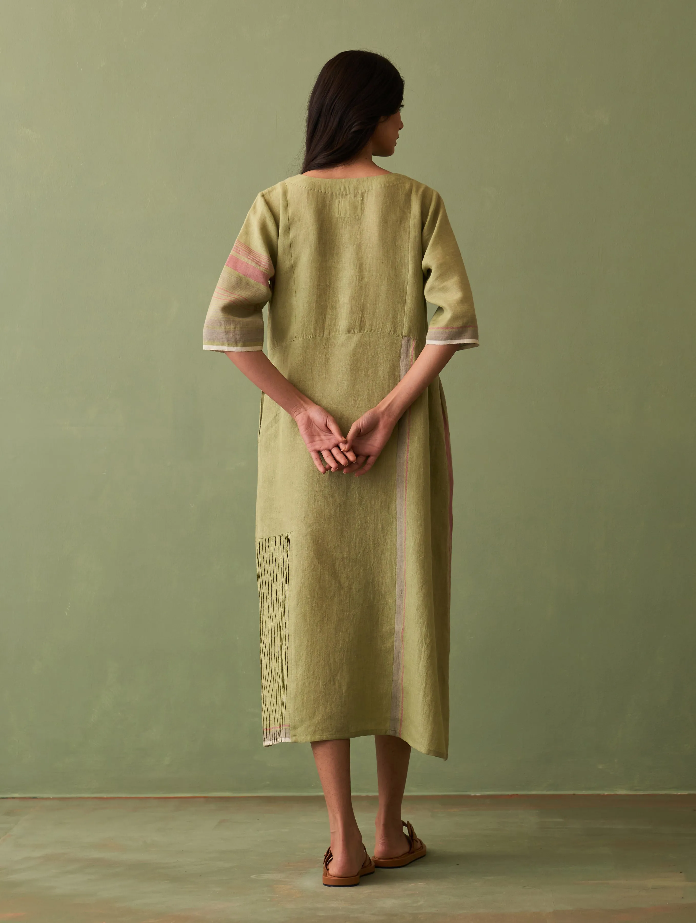 Nia Stripe Linen Dress - Fern