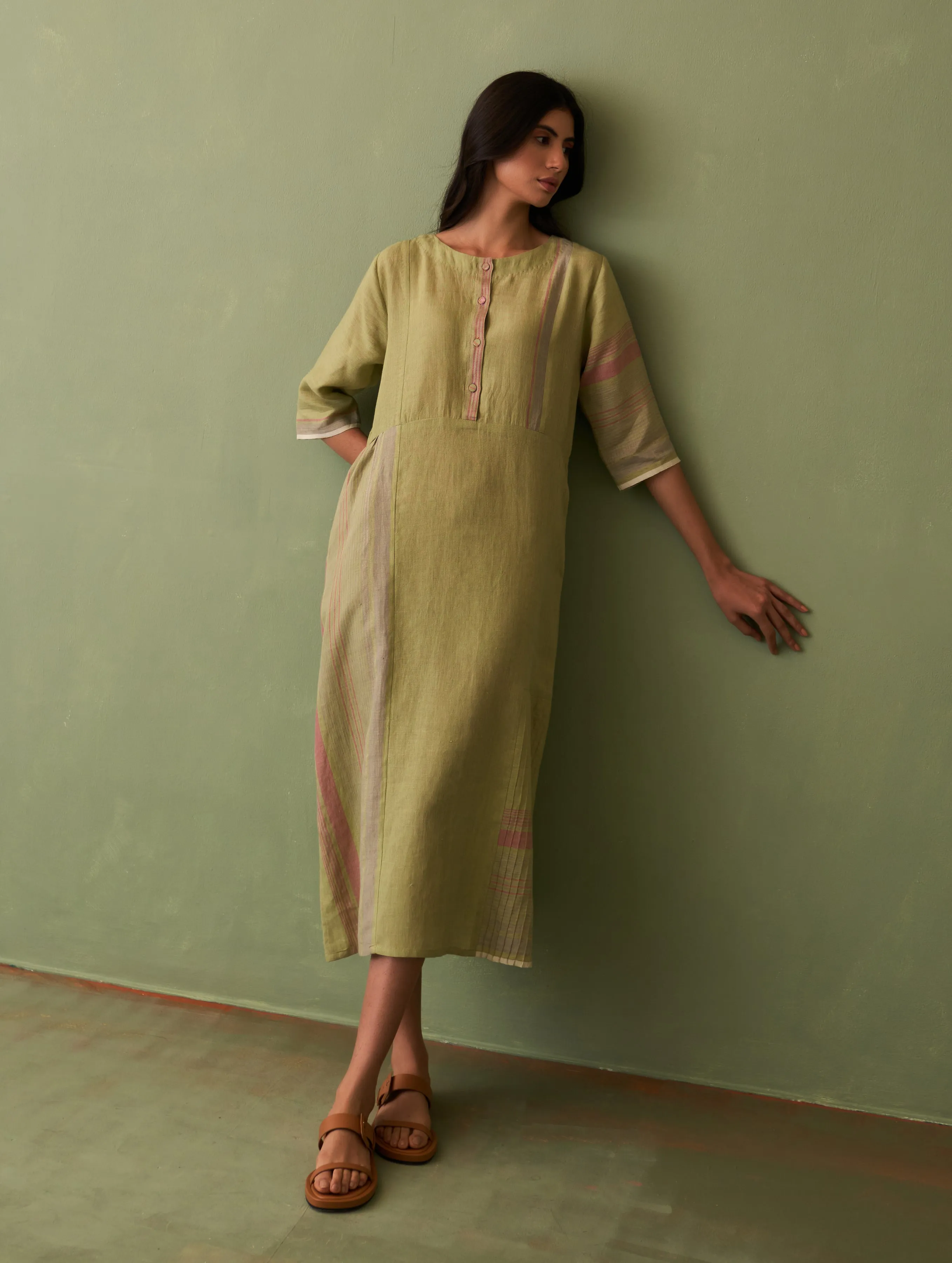 Nia Stripe Linen Dress - Fern