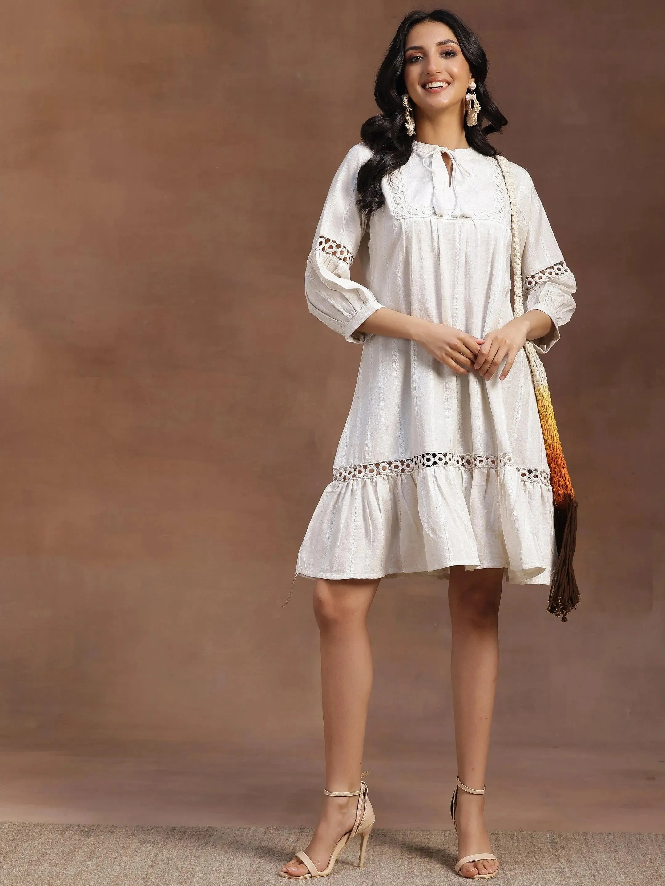 Off White Self Design Cotton A-Line Dress