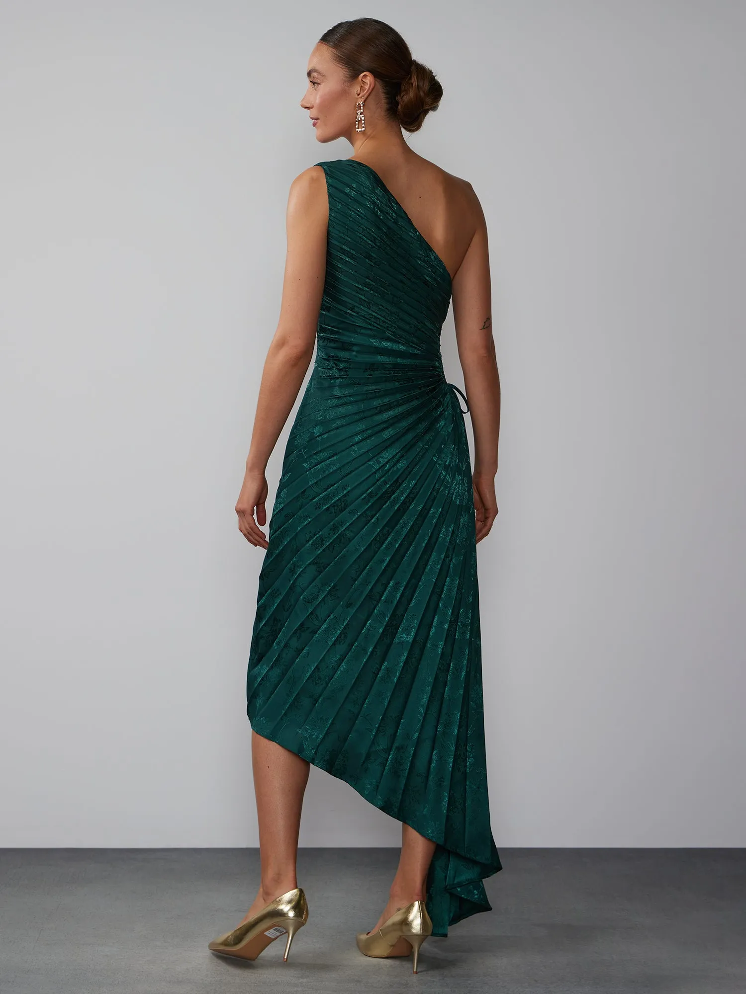 One Shoulder Satin Pleated Asymmetric Dress