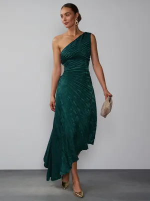 One Shoulder Satin Pleated Asymmetric Dress