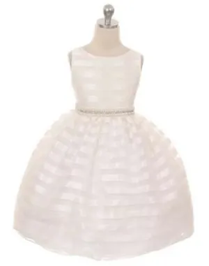 Organza Striped Overlay Dress with Gem Belt - Ivory