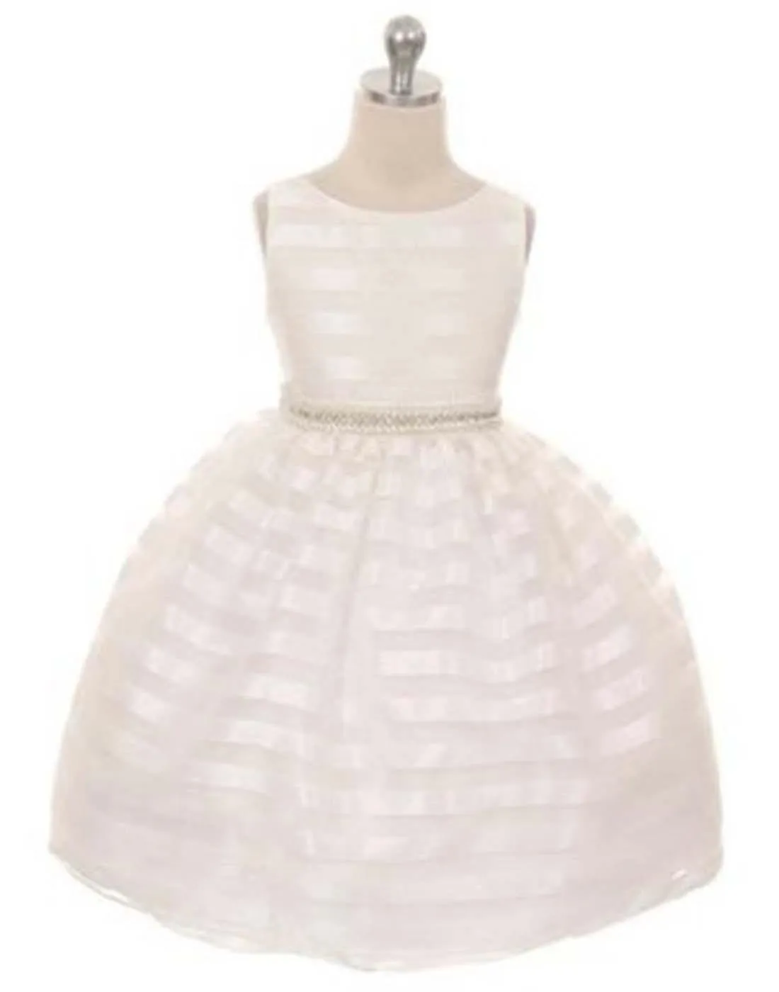 Organza Striped Overlay Dress with Gem Belt - Ivory