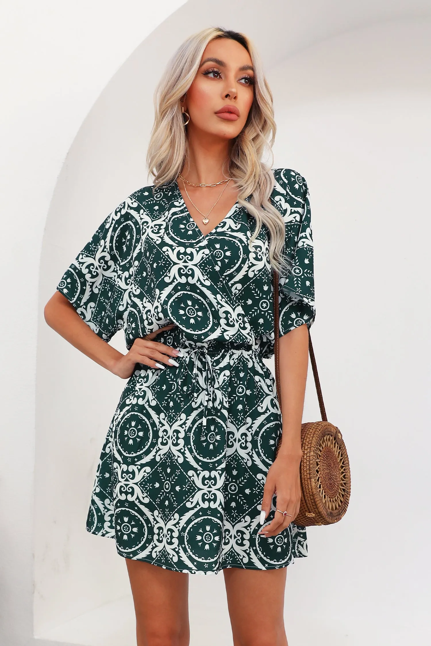 Ornate Print Drawstring Mini Dress