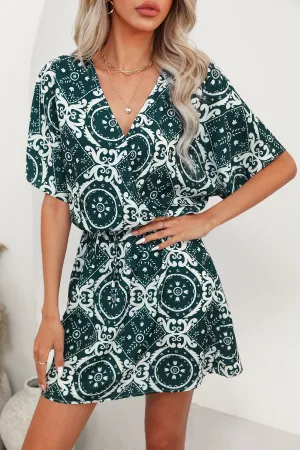 Ornate Print Drawstring Mini Dress