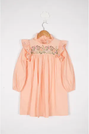 Peach Frill and Embroidery Detail Dress