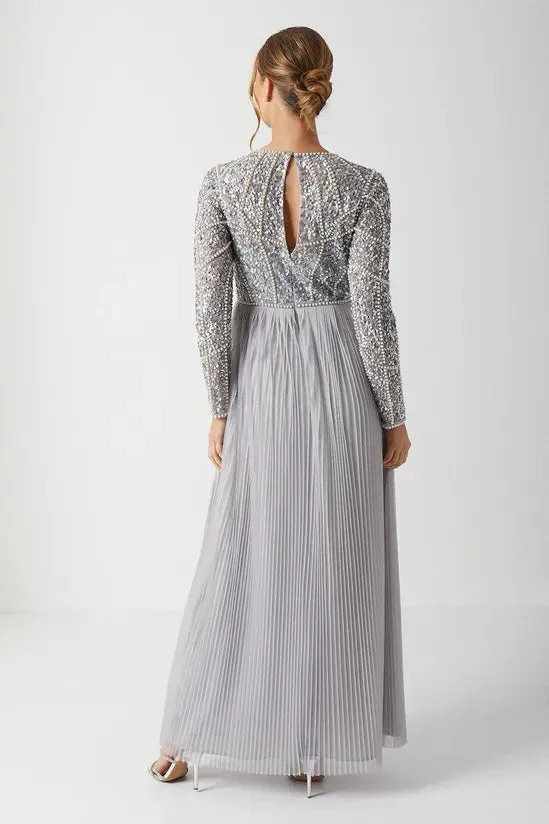 Pearl Embellished Long Sleeve Pleated Bridesmaids Maxi Dress