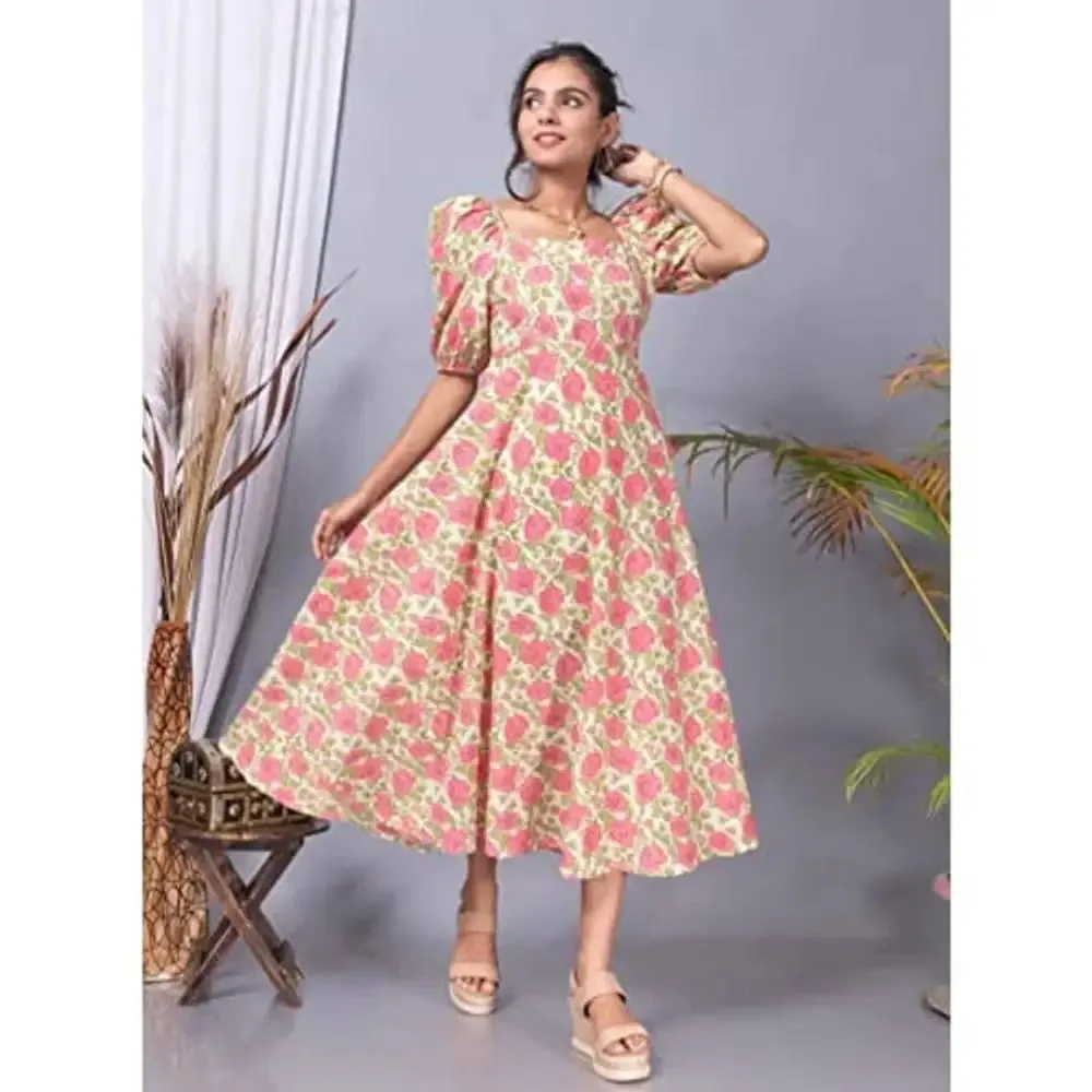 pinkrang Sanganeri Cotton Cherry Blossom Midi Dress- Pink and Off White