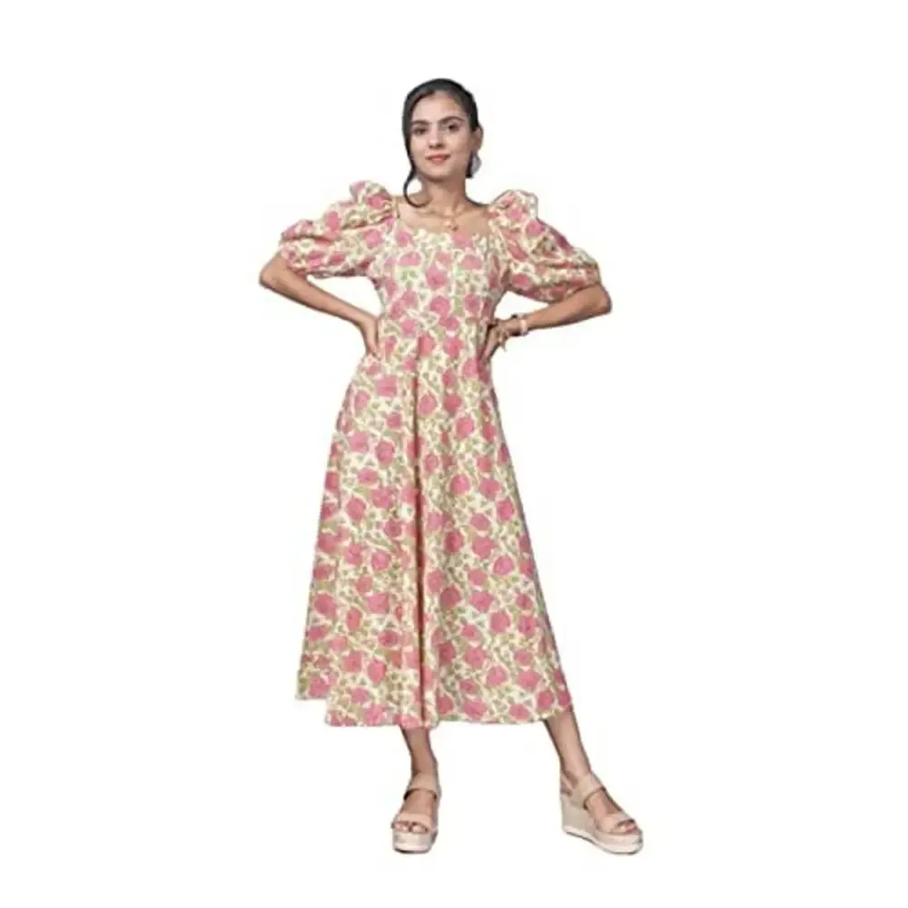 pinkrang Sanganeri Cotton Cherry Blossom Midi Dress- Pink and Off White