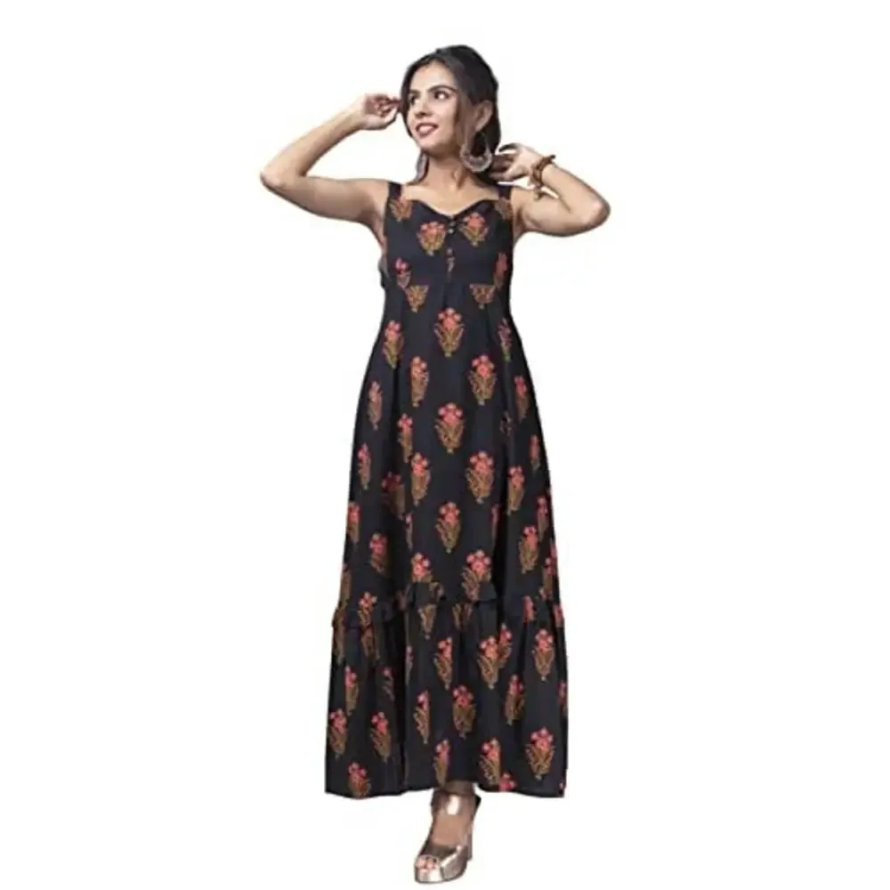 pinkrang Women's Black Blossom Cotton Floral Print Floor Length Gown-Black