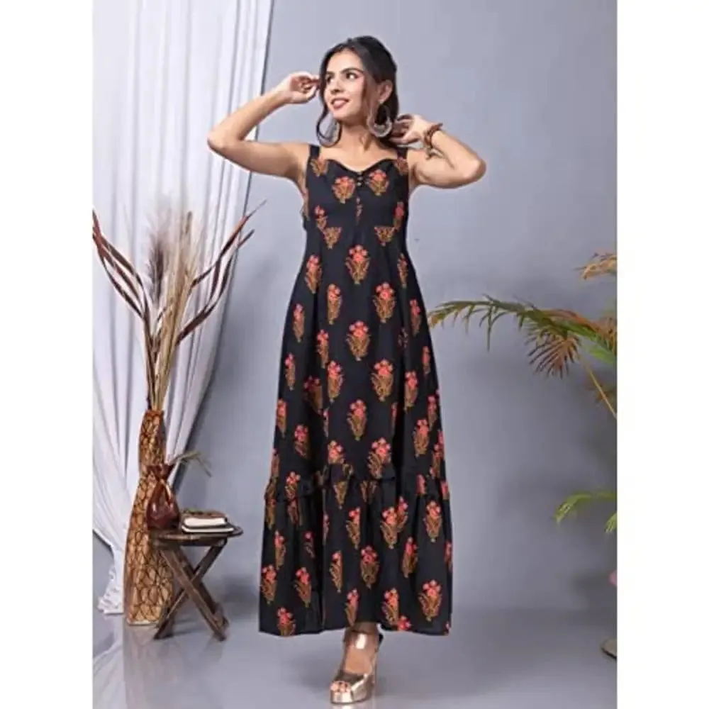 pinkrang Women's Black Blossom Cotton Floral Print Floor Length Gown-Black