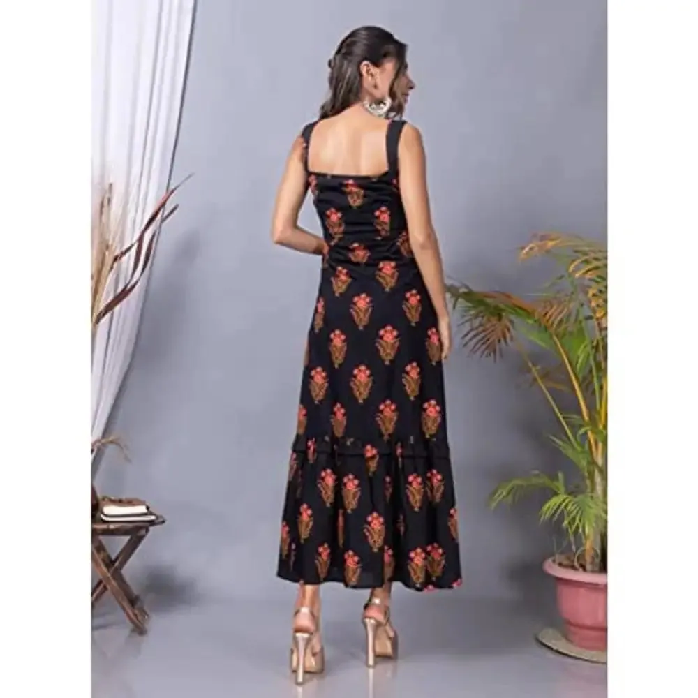 pinkrang Women's Black Blossom Cotton Floral Print Floor Length Gown-Black