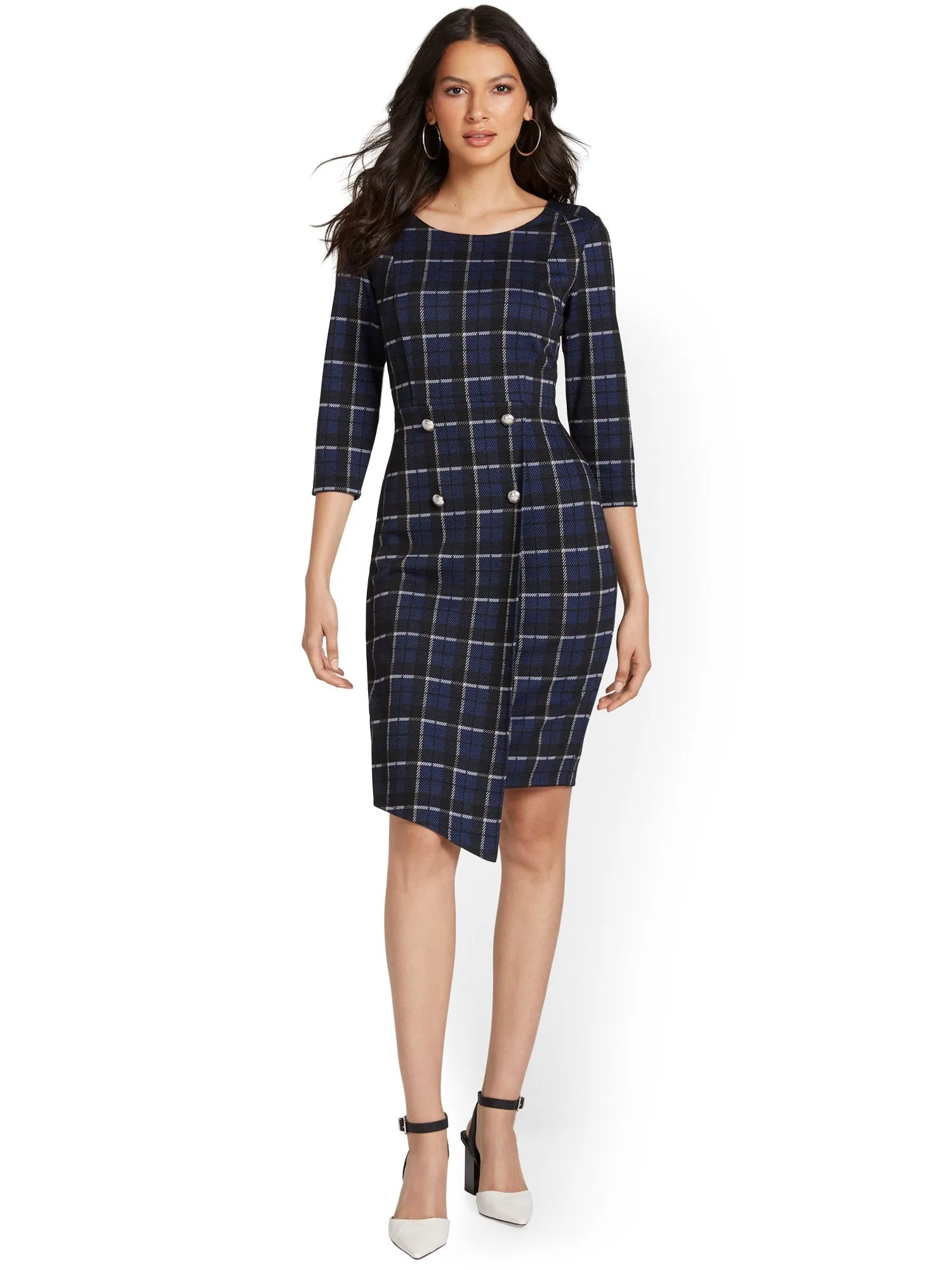 Plaid Button-Detail Sheath Dress