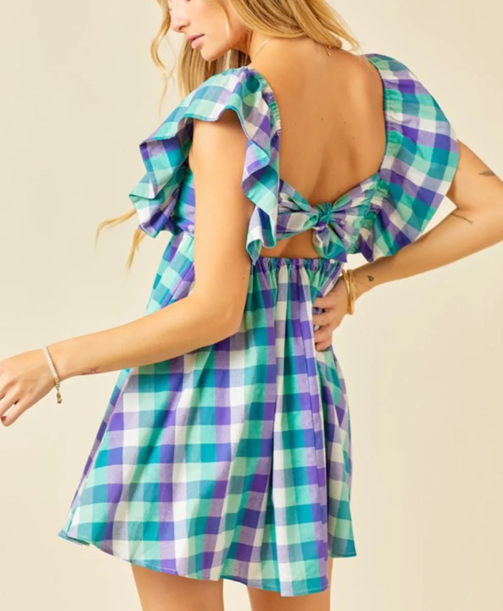 Plaid green/purple multi color mini dress