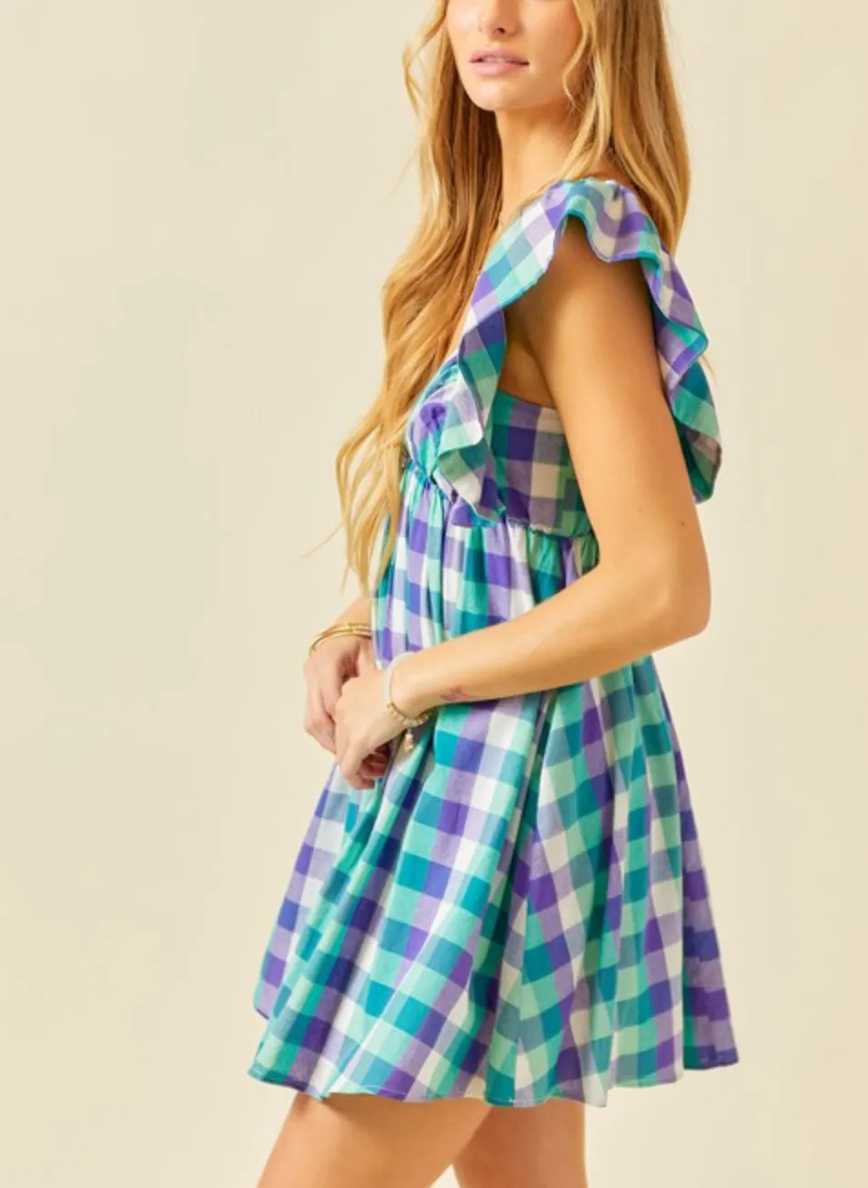 Plaid green/purple multi color mini dress